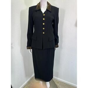 Vtg Albert Nipon Sz 6 Black 100% Wool Skirt Suit Detachable Leopard Trim Work